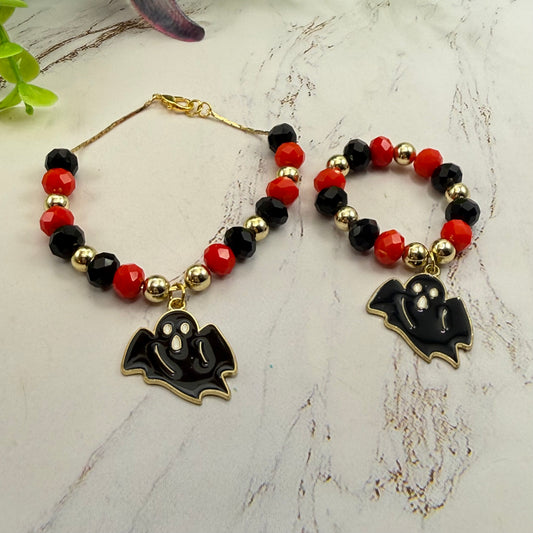 Halloween Black Ghost Charm Red Black Gold Beaded Necklace & Bracelet Set | for 18 Inch Fashion Dolls