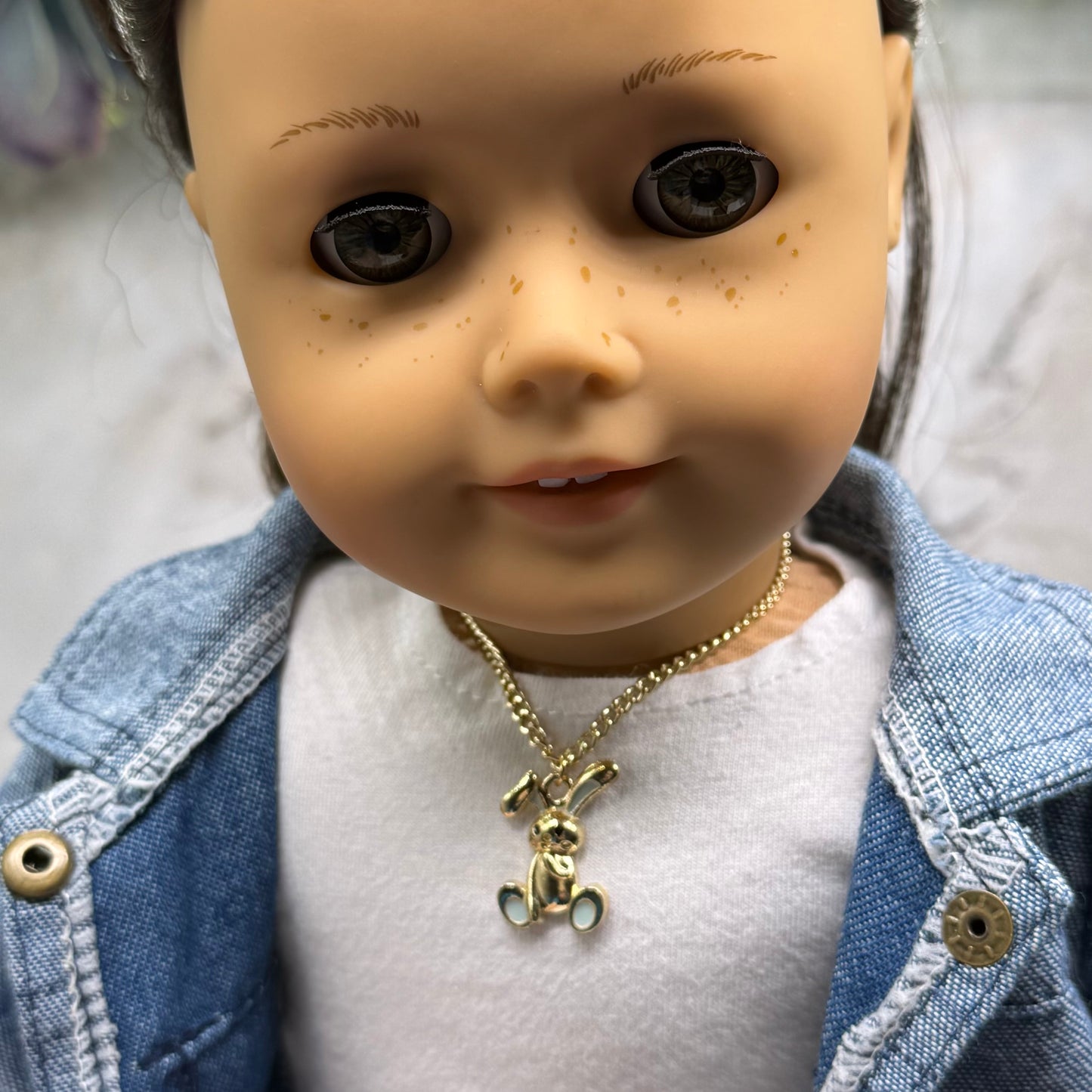 Floppy Ear Bunny Light Blue Enamel Detail Charm Gold Doll Necklace • 18 Inch Fashion Doll Jewelry