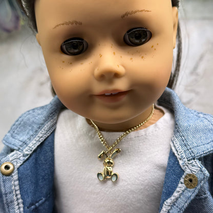 Floppy Ear Bunny Light Blue Enamel Detail Charm Gold Doll Necklace • 18 Inch Fashion Doll Jewelry