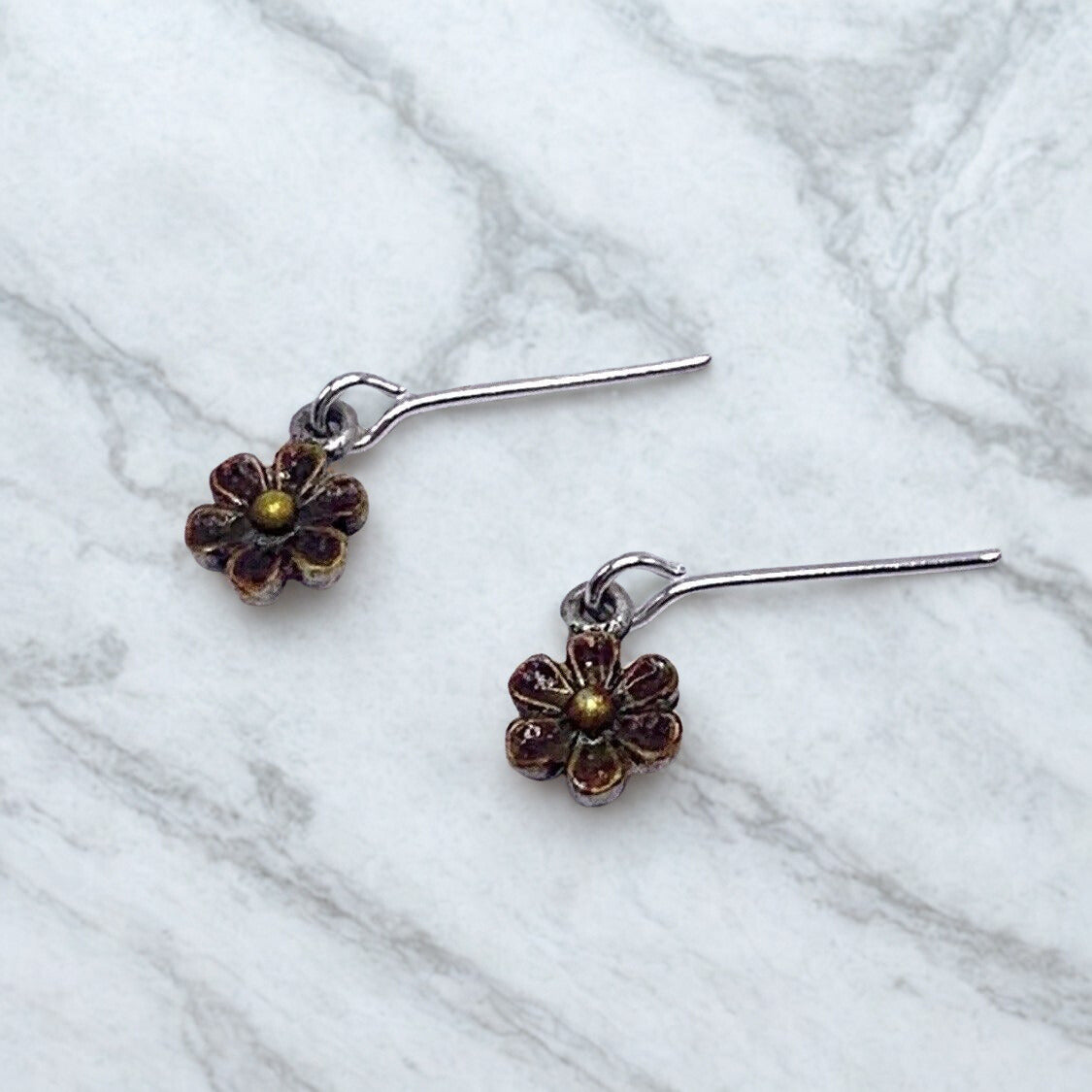 ✨ Handmade Doll Jewelry Designed to Fit popular 14 Inch Fashion Dolls: add a stylish touch to your favorite doll!✨

Small metal flower design brown gold enamel dangle doll earrings.