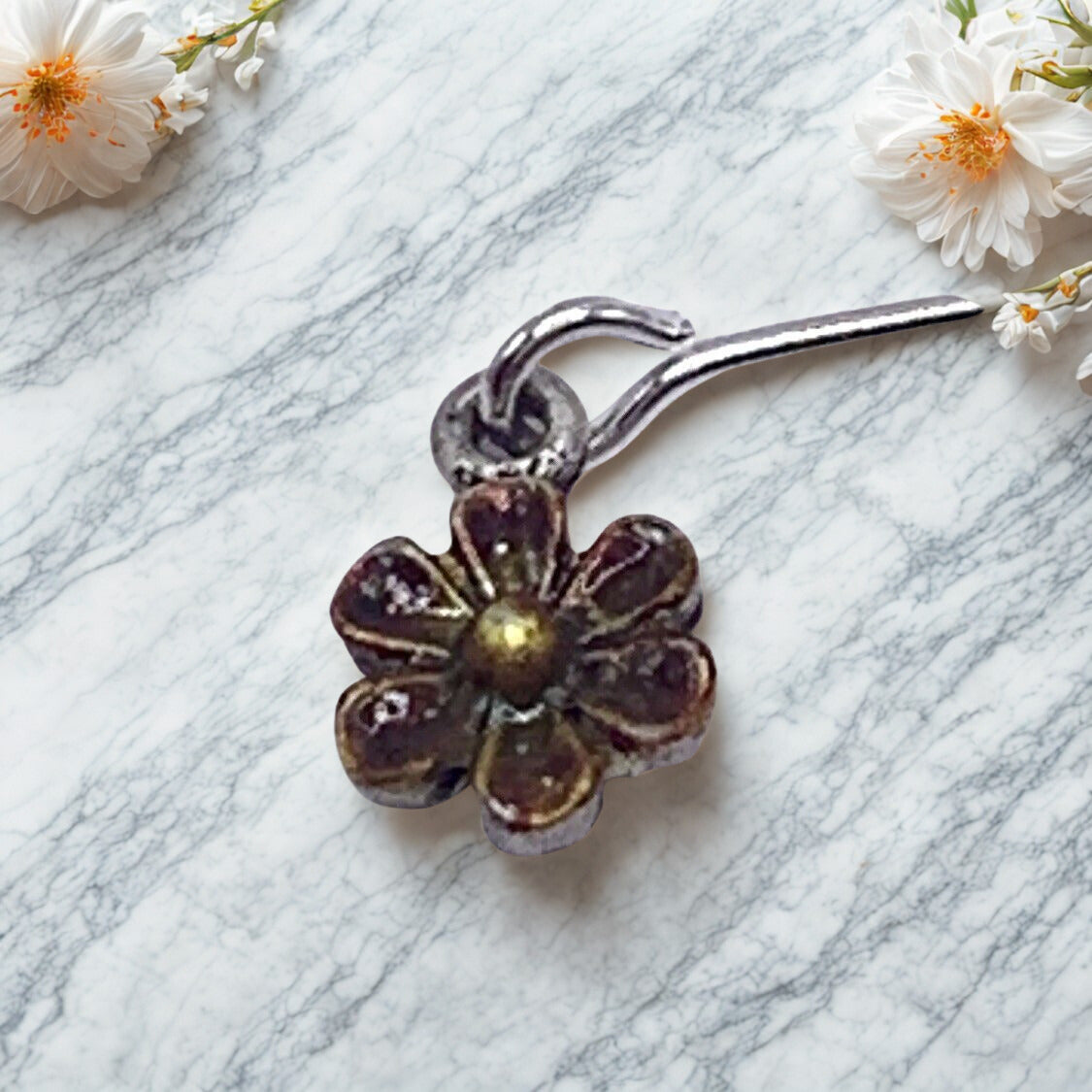 ✨ Handmade Doll Jewelry Designed to Fit popular 14 Inch Fashion Dolls: add a stylish touch to your favorite doll!✨

Small metal flower design brown gold enamel dangle doll earrings.