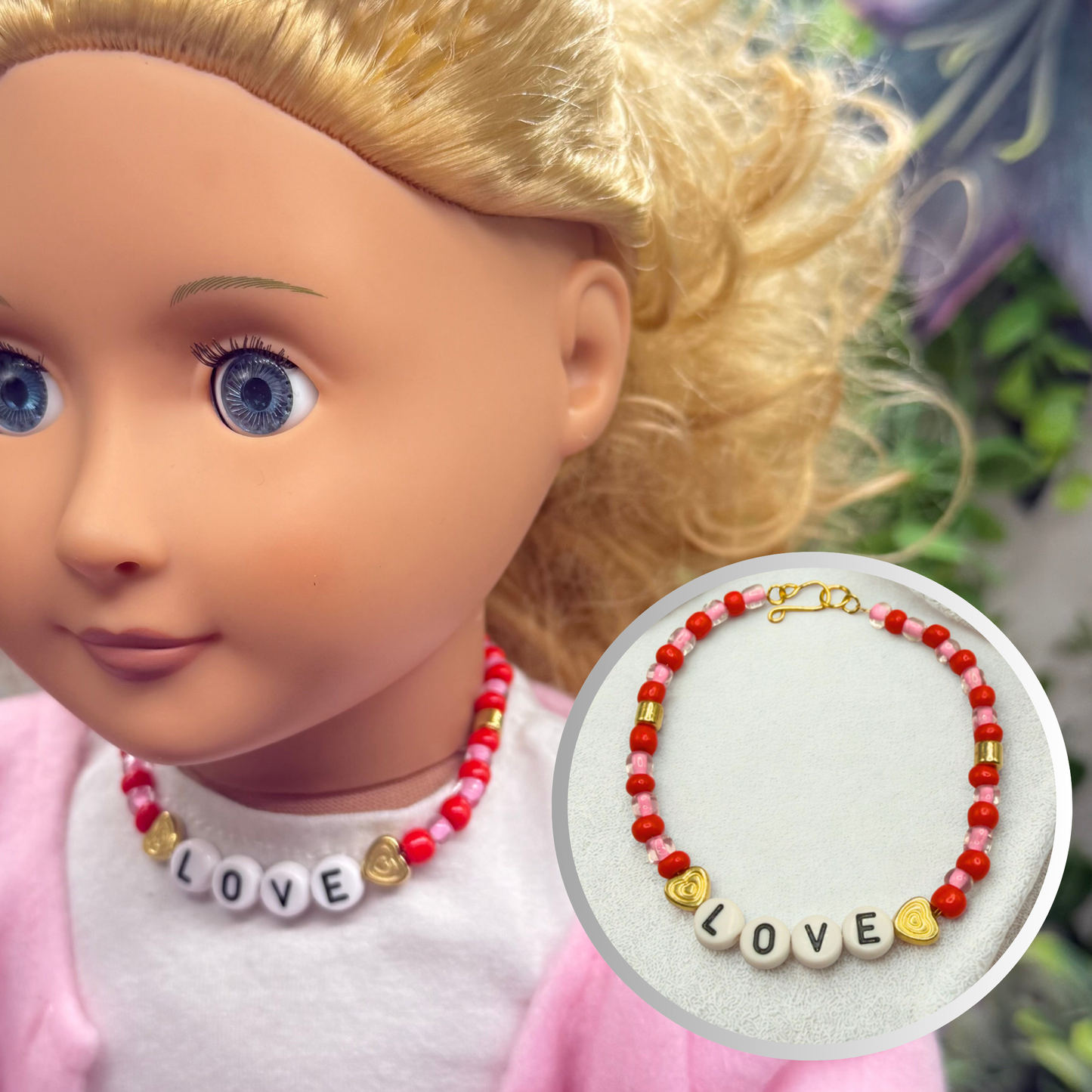 Pink Red Beaded LOVE Heart Valentine’s Day Doll Necklace • 18 Inch Fashion Doll Jewelry
