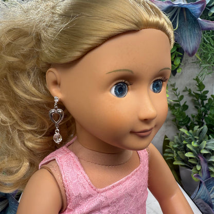 Silver Heart Clear Crystal Dangle Doll Earrings • 18 Inch Fashion Doll Jewelry