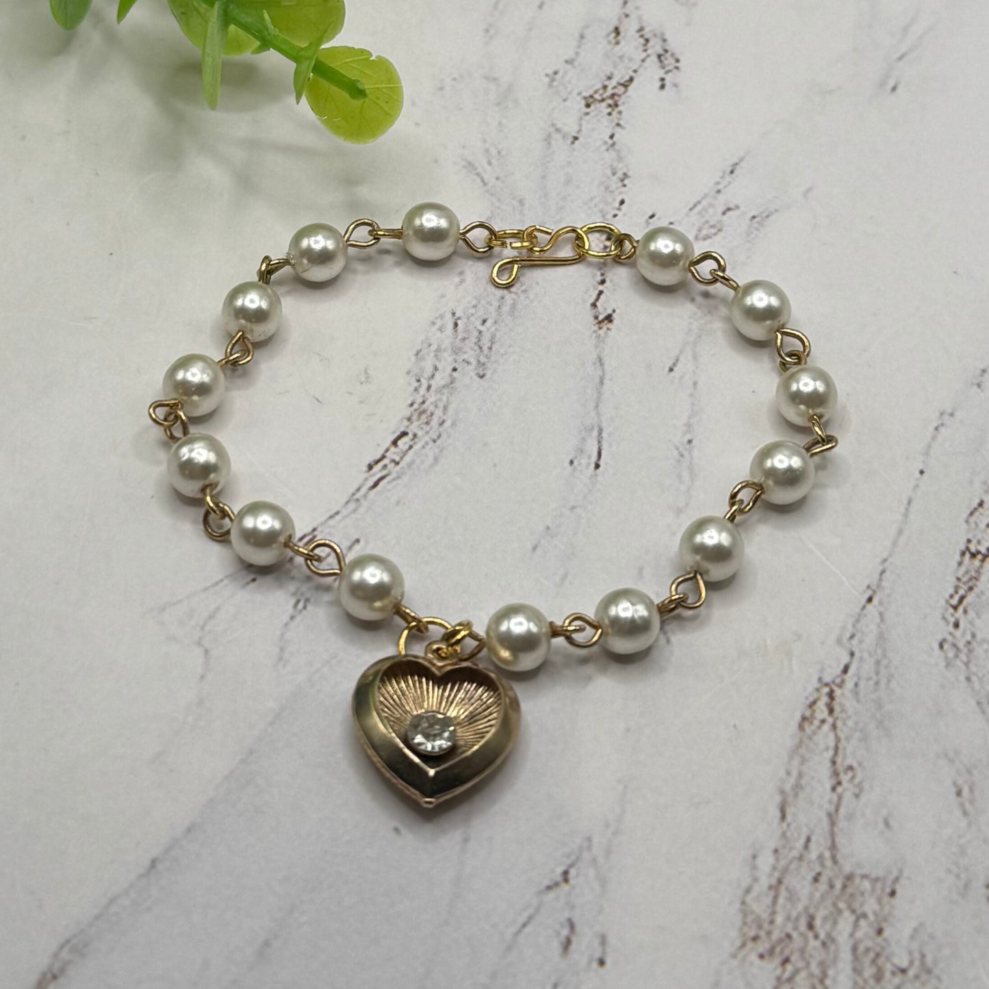 Heart Charm w/ Rhinestone Center Pearl Beaded Gold Doll Necklace • 18 Inch Fashion Doll Jewelry