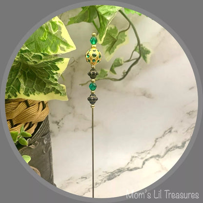 Green Glass Crystal Gold Ball Rhinestone Accents - 8” • Hatpin - Stick Pin