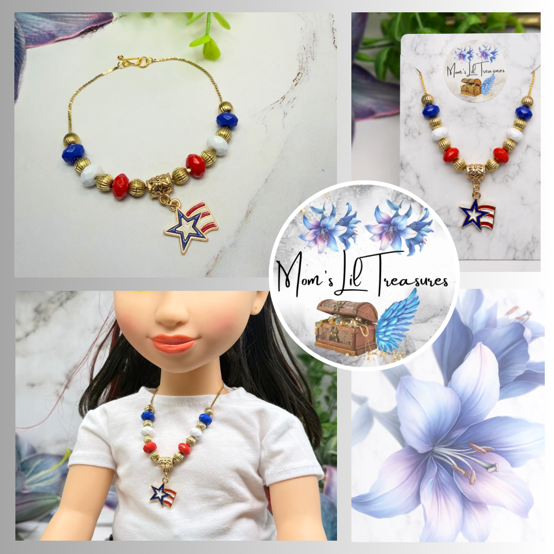 Red White Blue Gold Beaded Americana Star Charm Doll Necklace for 18 Inch Fashion Doll