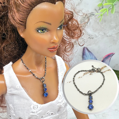 Blue Rhinestone Pendant Black Chain Doll Necklace • 16 Inch Fashion Doll Jewelry