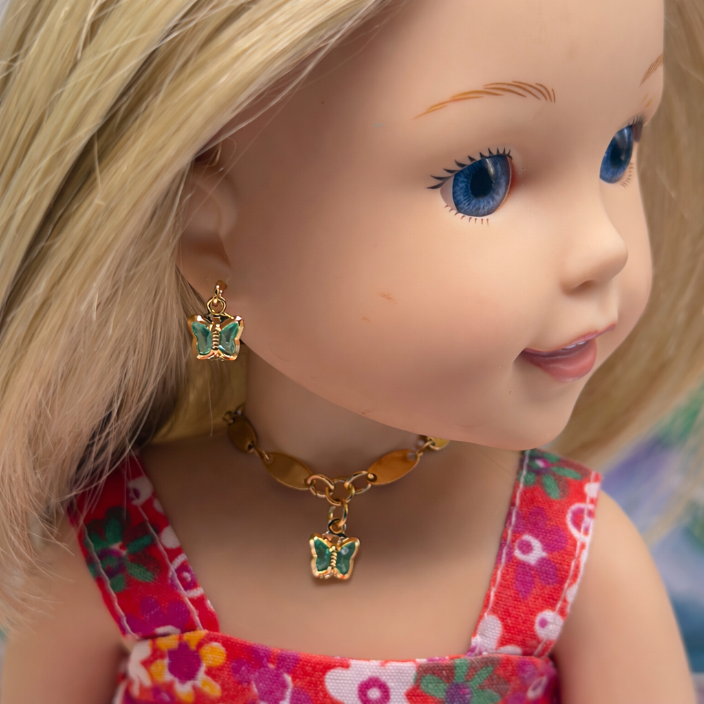Teal Crystal Butterfly Charm Gold Oval Link Doll Necklace & Earrings • 14 Inch Fashion Doll Jewelry