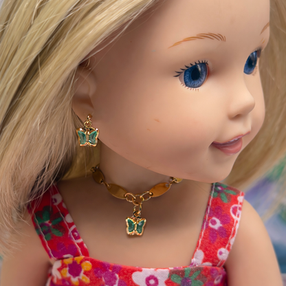 Teal Crystal Butterfly Charm Gold Oval Link Doll Necklace & Earrings • 14 Inch Fashion Doll Jewelry