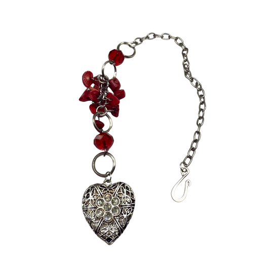 Red Stone Dangle Silver Heart Rhinestone Accents • Car Mirror Charm / Sun Catcher