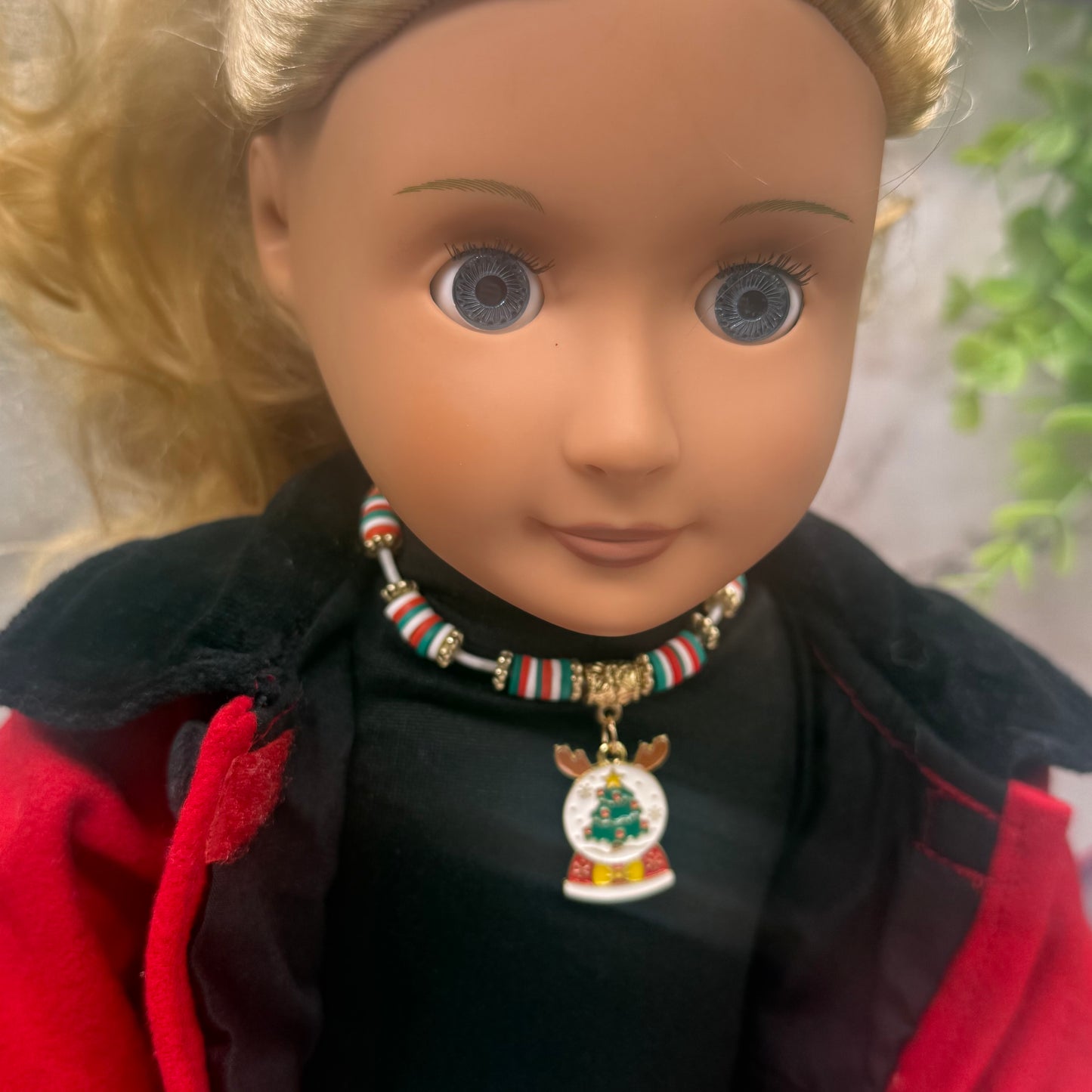 Christmas Snow Globe Charm Acrylic Beaded White Fabric Cord Doll Necklace • 18 Inch Fashion Doll Jewelry