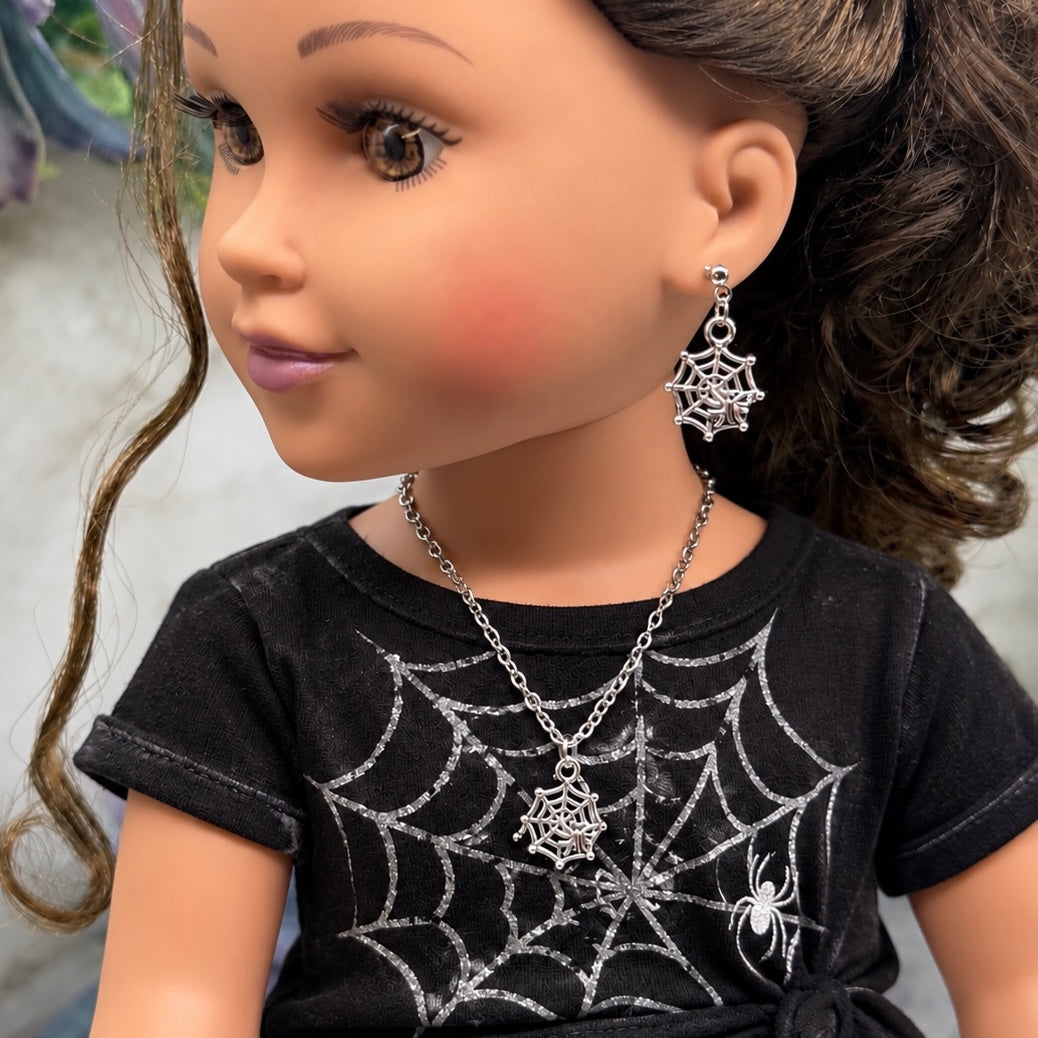 Silver Spider Web Halloween Necklace and Earrings Set | for 18 Inch Fashion Doll