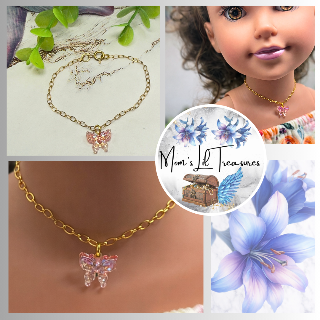 Pink Acrylic Butterfly Charm Gold Chain Doll Necklace • 18 Inch Fashion Doll Jewelry