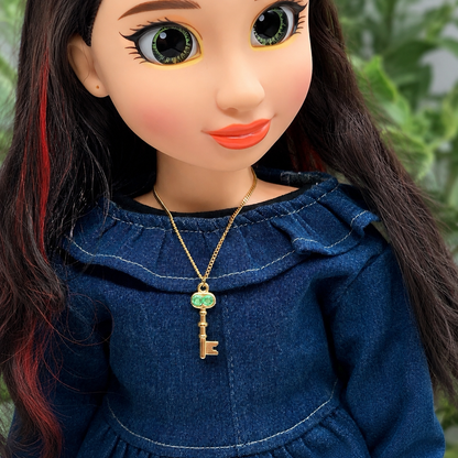Key Charm Doll Necklace Green Rhinestone Accent • 18 inch Fashion Doll Jewelry