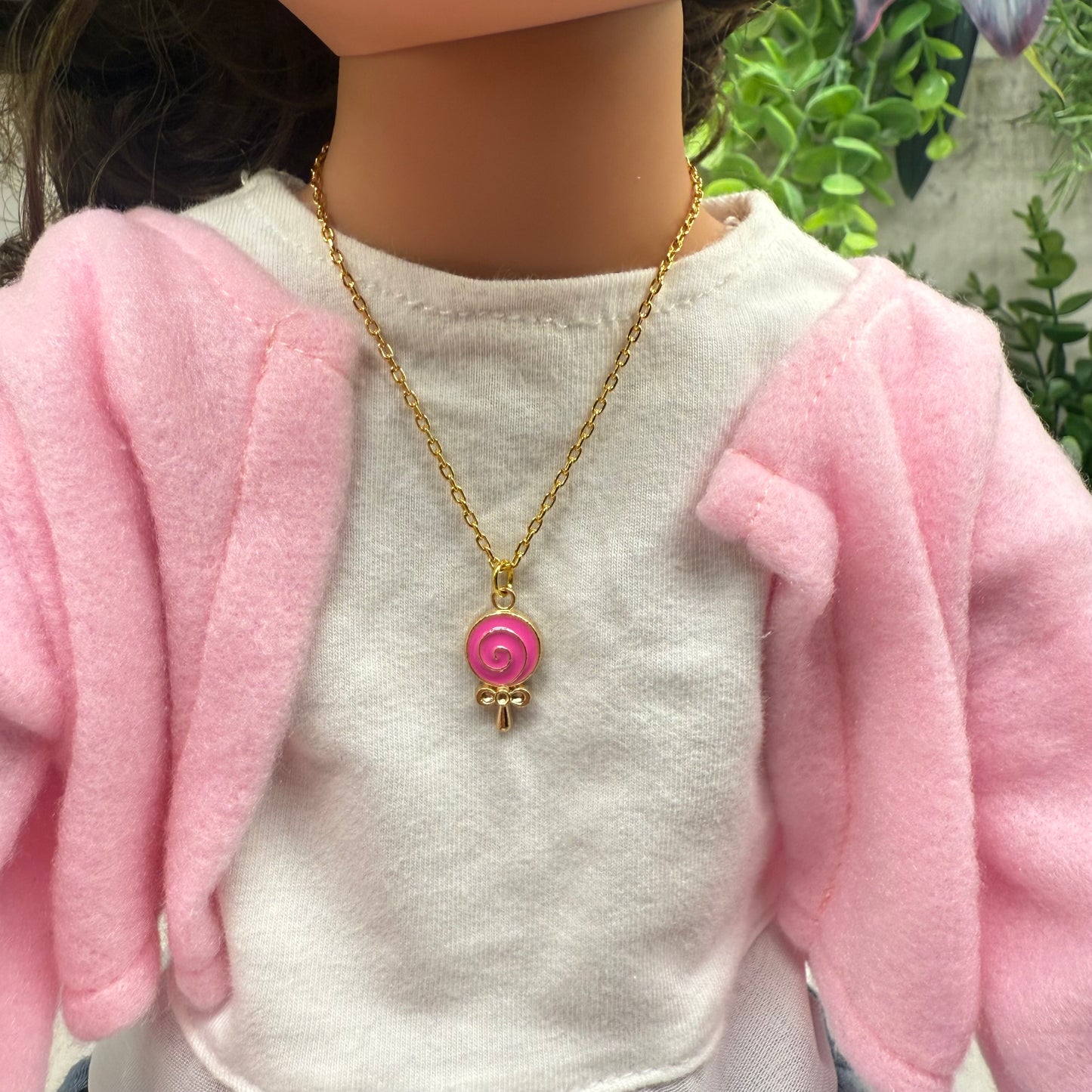 Pink Lollipop Charm Gold Chain Doll Necklace • 18 Inch Fashion Doll Jewelry