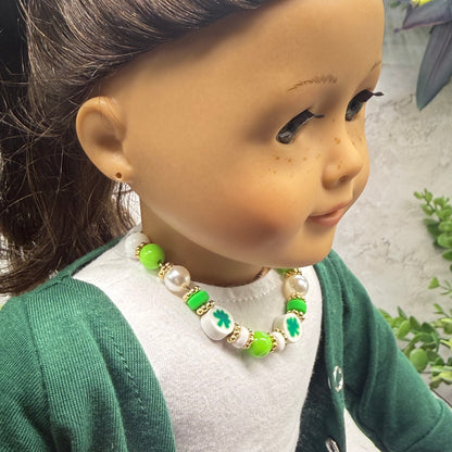 Green White Bubble Gum Beaded Four-Leaf Clover Doll Necklace • 18 Inch Fashion Doll Jewelry