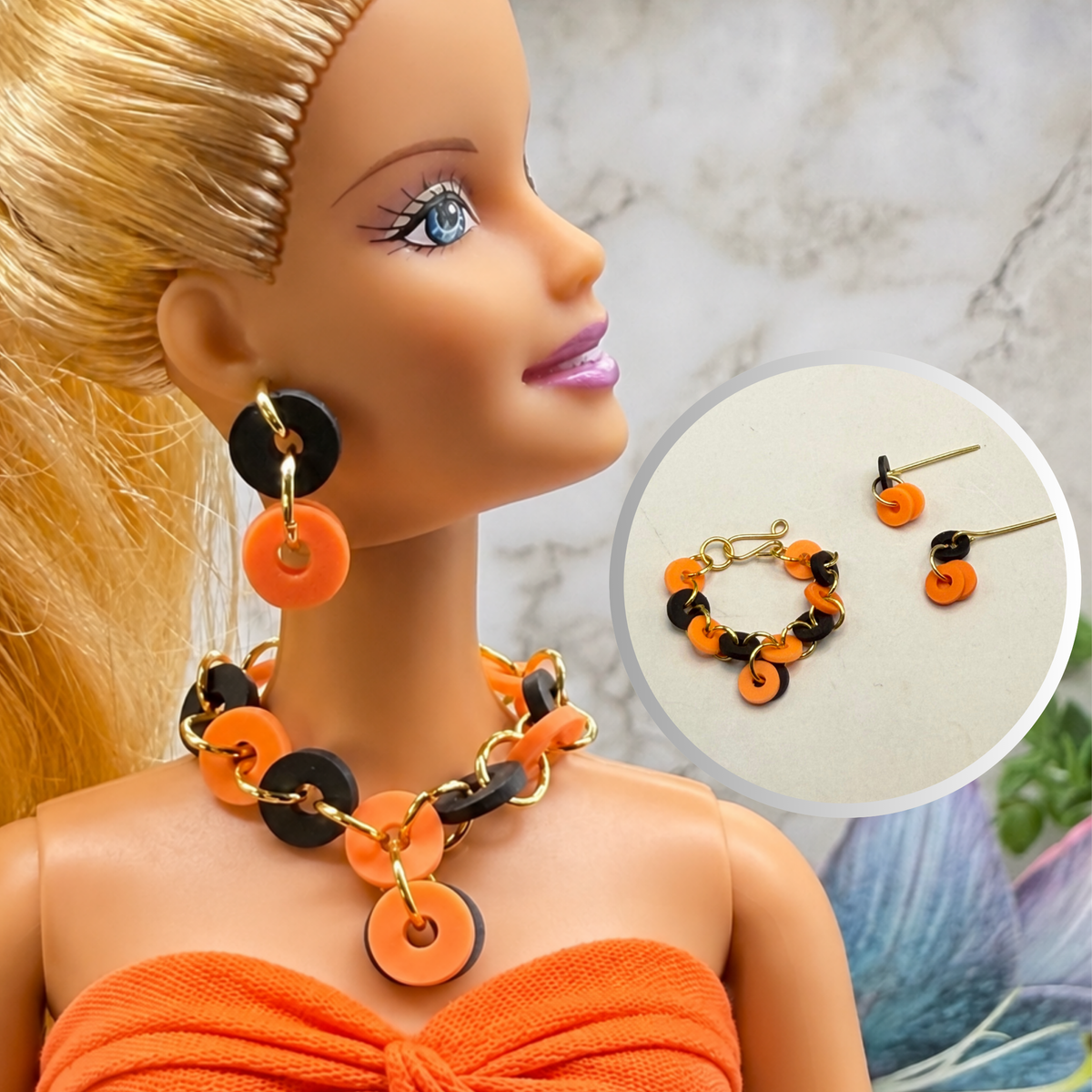 Orange Black Circle Design Earrings and Necklace | for 10-12 Inch 1:6 Fashion Doll