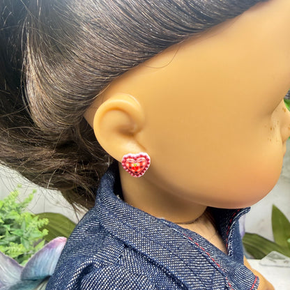 Burgundy Red Lattice Design Heart Post Doll Earrings • 2mm Post for 18 Inch Fashion Doll