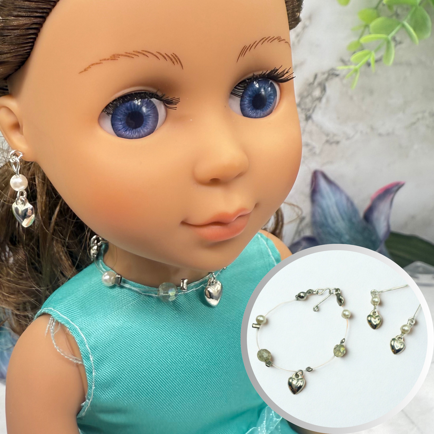 Silver Heart Charm Nylon String Pearl & Acrylic Crystal Necklace & Earrings • 14 Inch Fashion Doll Jewelry