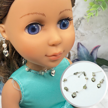 Silver Heart Charm Nylon String Pearl & Acrylic Crystal Necklace & Earrings • 14 Inch Fashion Doll Jewelry