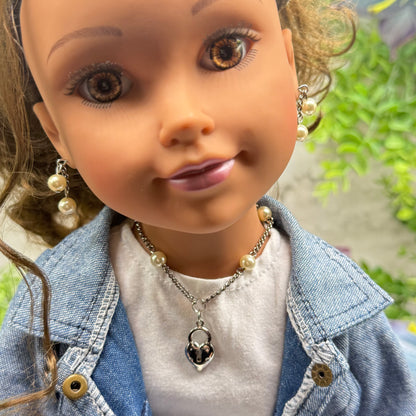 Silver Heart Lock Charm Pearl Bead Silver Chain Doll Necklace • 18 Inch Fashion Doll Jewelry