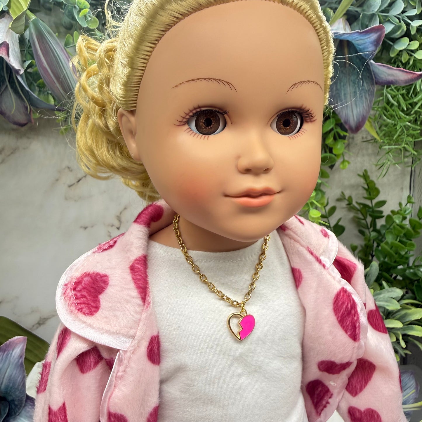 Pink Broken Heart Pendant Gold Chain Doll Necklace • 18 Inch Fashion Doll Jewelry