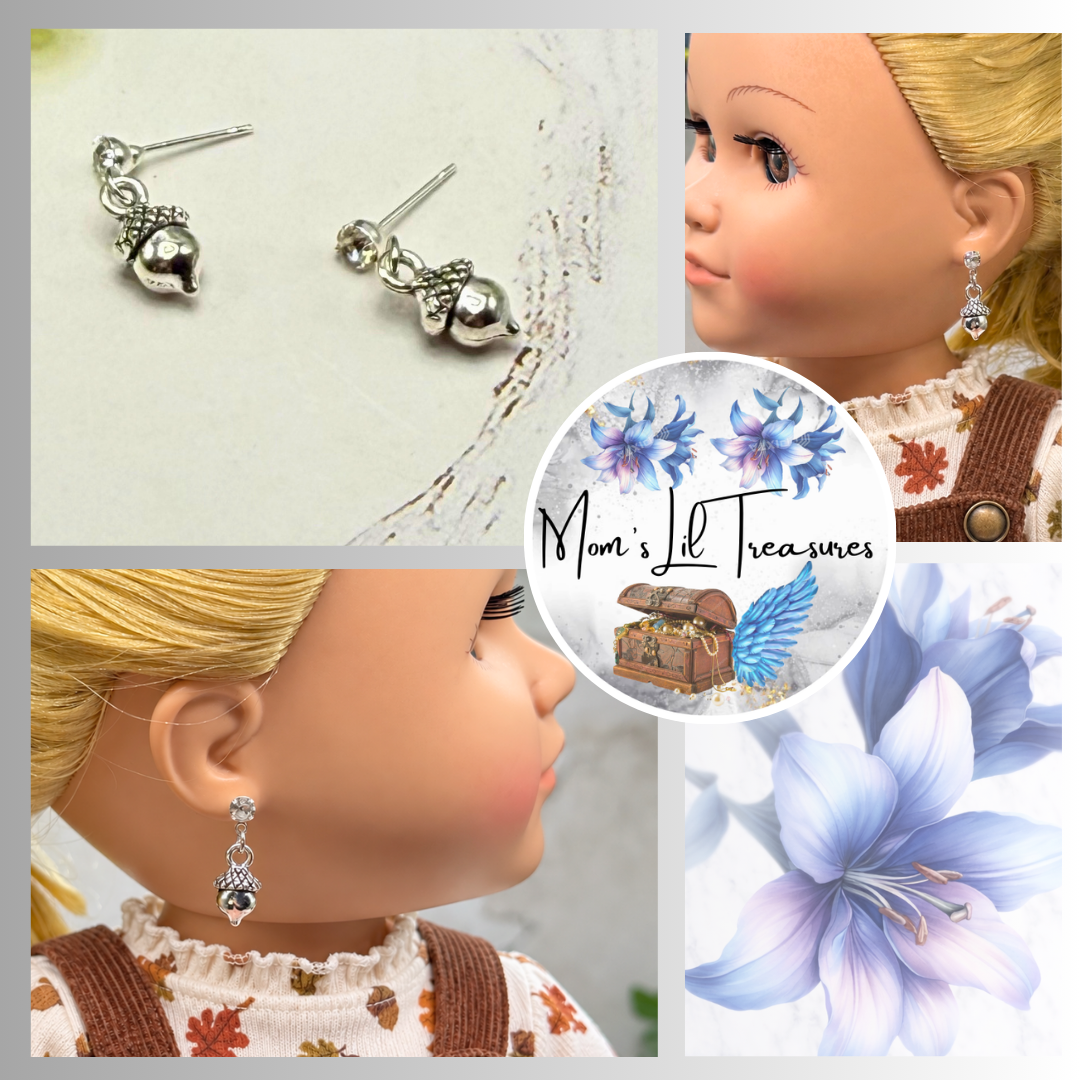 Silver Acorn Autumn Dangle Rhinestone Post Doll Earrings | for 18 Inch Fashion Dolls