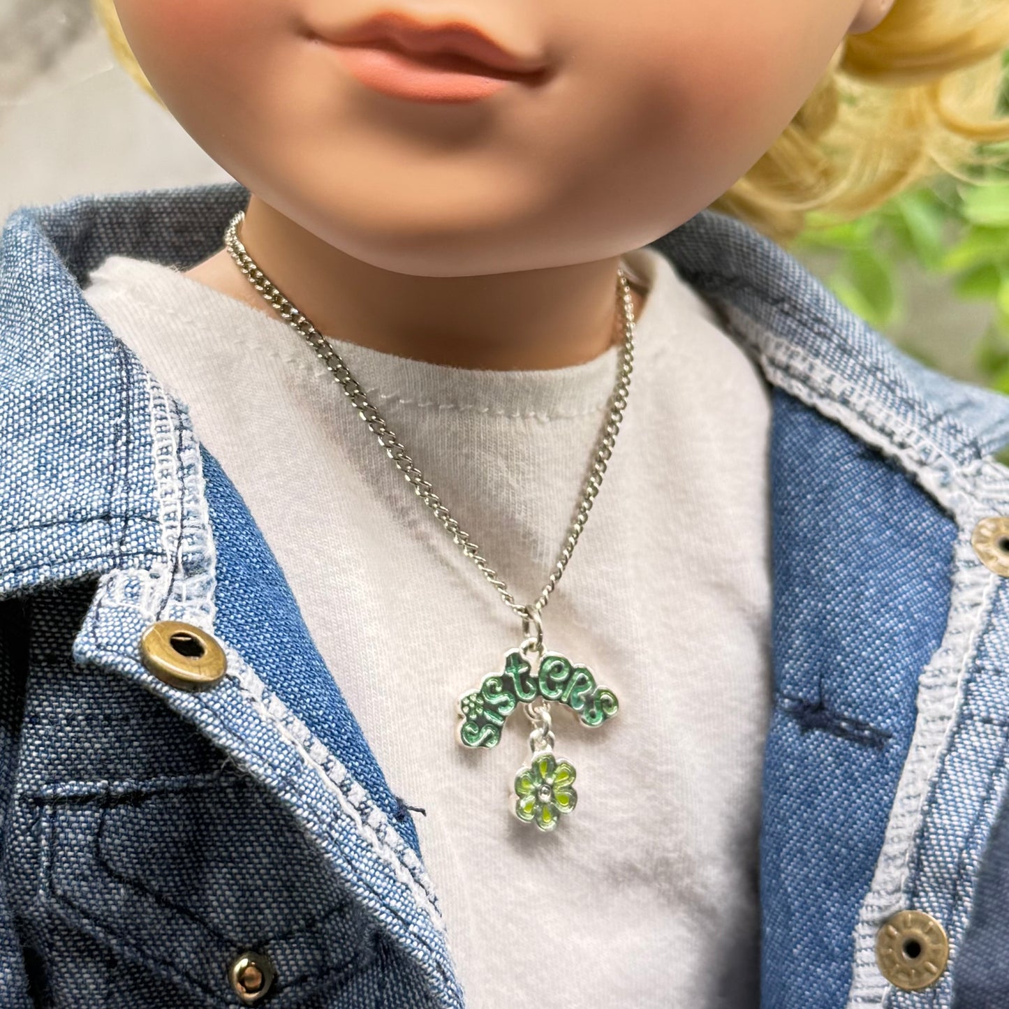 Sisters Green Enamel Charm Silver Doll Necklace • 18 Inch Fashion Doll Jewelry