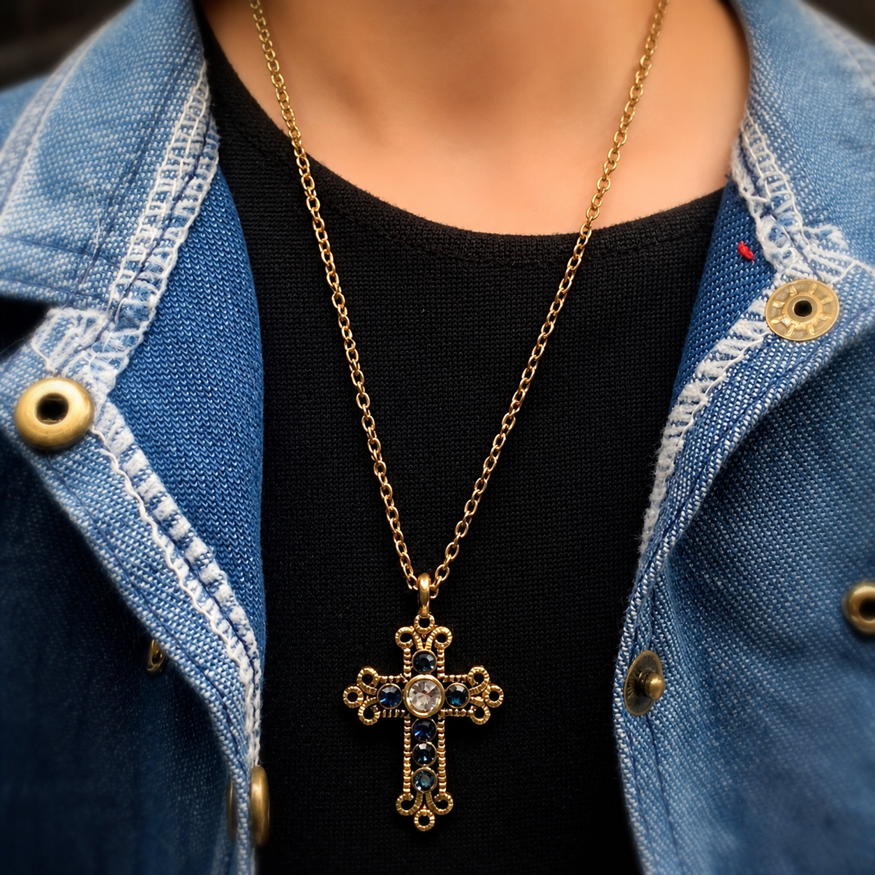 Blue Rhinestone Gold Cross Pendant Doll Necklace • 18 Inch Fashion Doll Jewelry