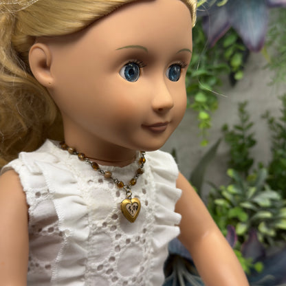 Dog Heart Locket Brown & Crystal Acrylic Beaded Doll Necklace • 18 Inch Fashion Doll Jewelry
