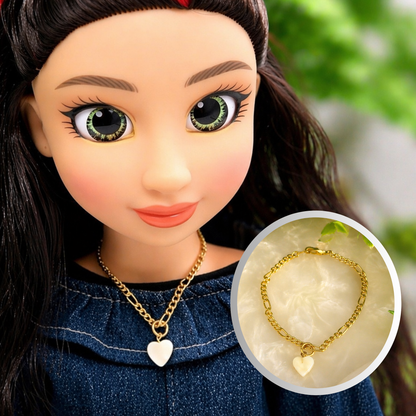 Heart Mother of Pearl Charm Gold Chain Doll Necklace for 18 Inch Doll Jewelry