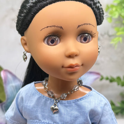 Blue Glass Beaded Silver Heart Charm Doll Necklace & Earrings • 14 Inch Fashion Doll Jewelry