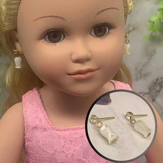 Pearly Tulip Shape Dangle Rhinestone Post Doll Earrings • 18” Doll Jewelry