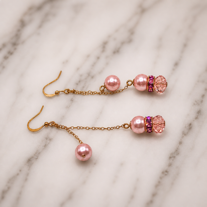 Pink Glass Crystal Pearl Rhinestone Gold Tone Chain • Handmade Dangle Earrings