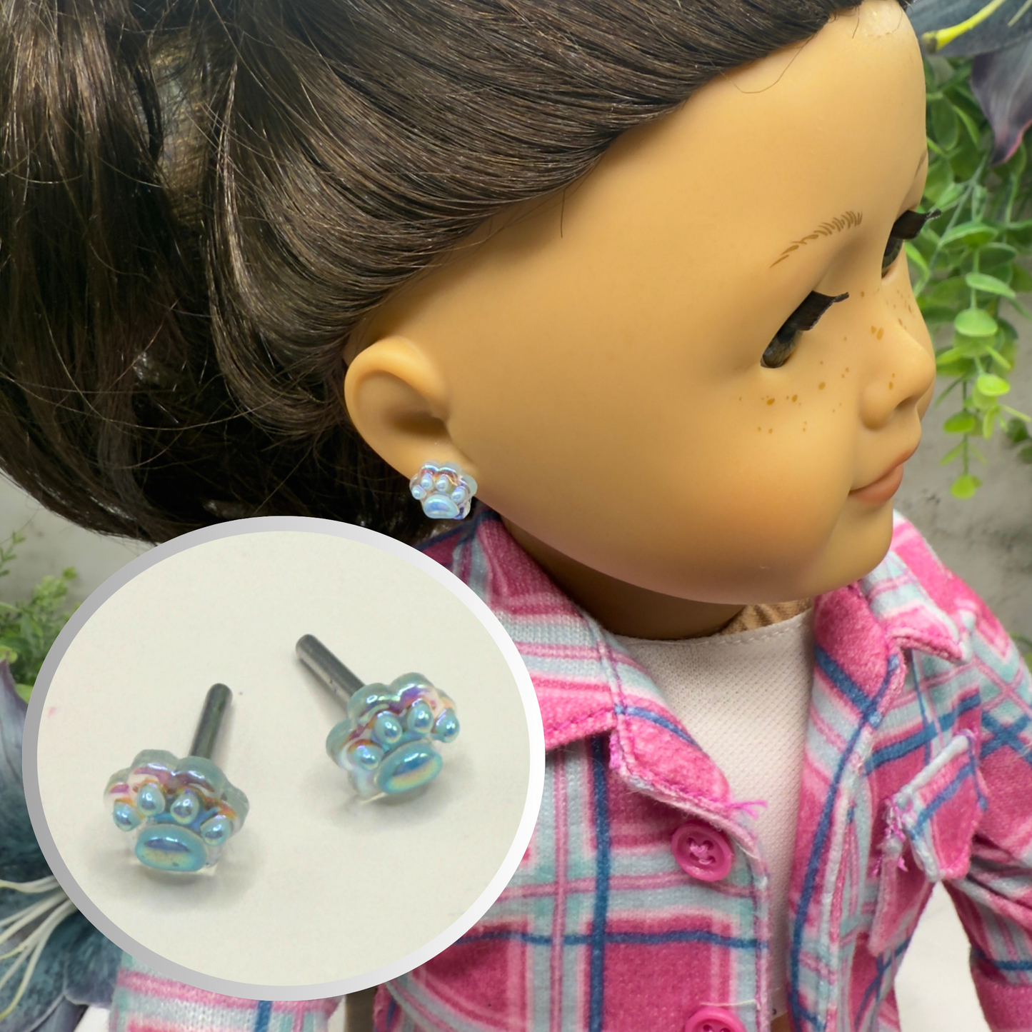 Light Blue Paw Print Acrylic Post Doll Earrings • 2mm Post fit 18 Inch Fashion Doll