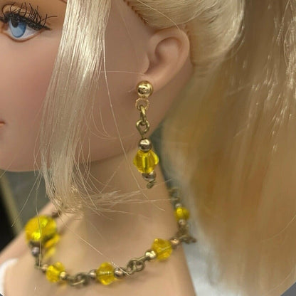 Light Yellow Glass Crystal Doll Necklace Earring Set • 16” Fashion Doll Jewelry