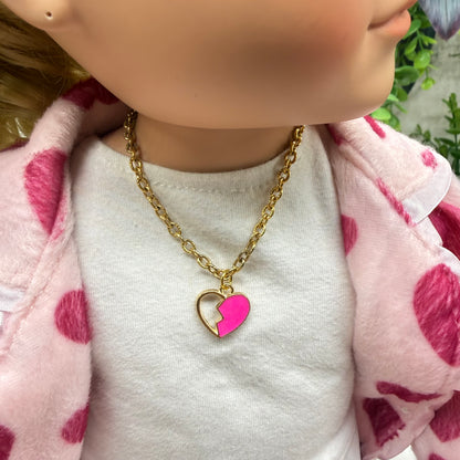 Pink Broken Heart Pendant Gold Chain Doll Necklace • 18 Inch Fashion Doll Jewelry