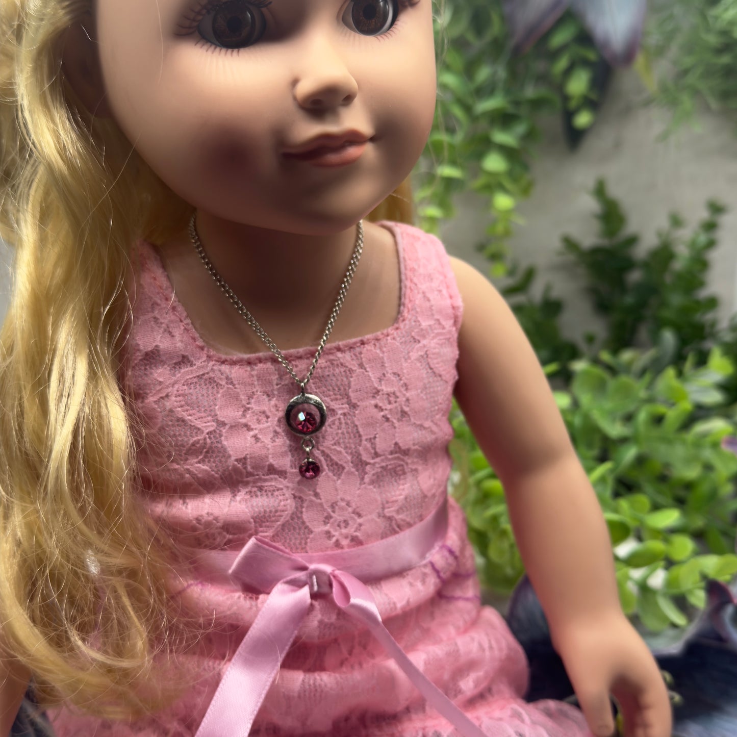 Pink Rhinestone Circle Dangle Pendant Doll Necklace • 18” Fashion Doll Jewelry