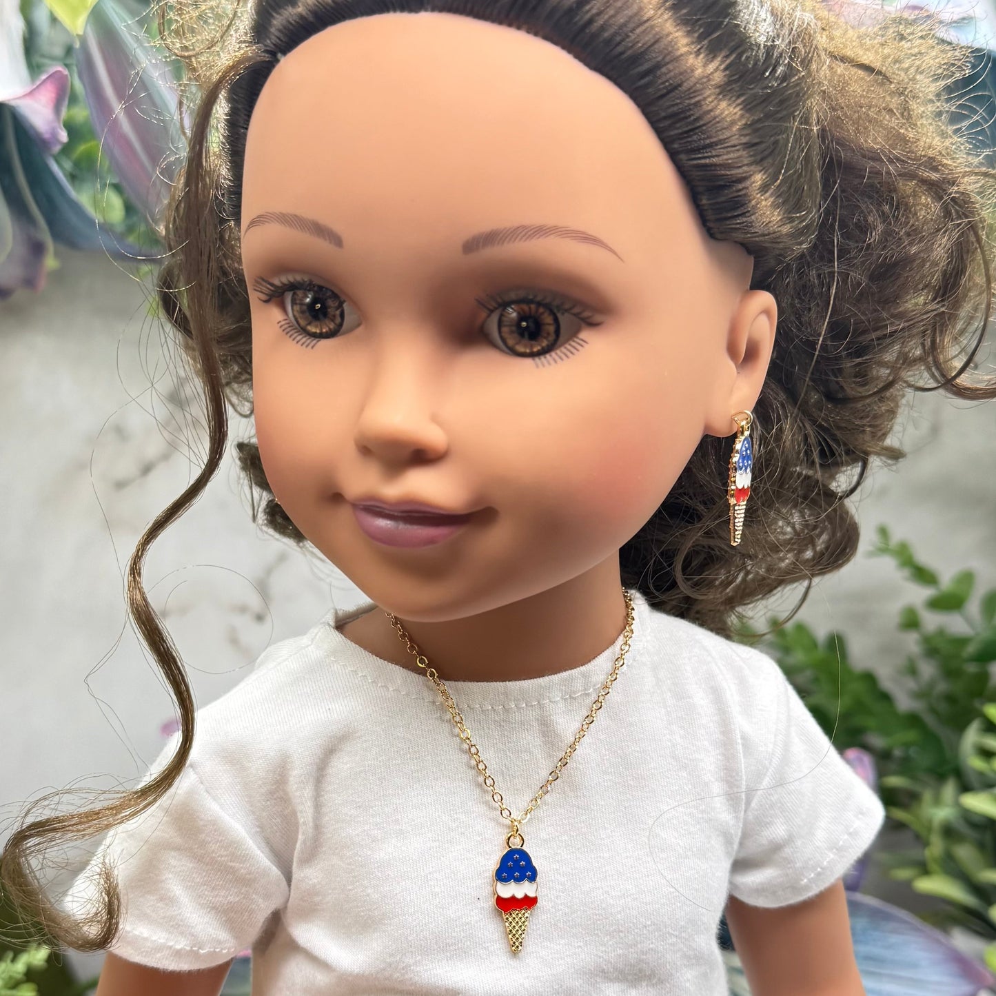 Red White Blue Patriotic Ice Cream Cone Charm Doll Necklace & Earrings Set for 18 Inch Fashion Doll