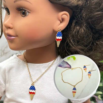 Red White Blue Patriotic Ice Cream Cone Charm Doll Necklace & Earrings Set for 18 Inch Fashion Doll