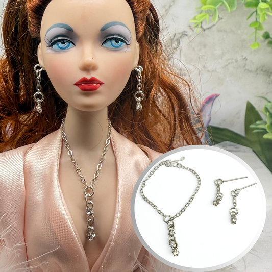 Clear Star Rhinestone Silver Dangle Doll Necklace & Earrings • 16 Inch Fashion Doll Jewelry