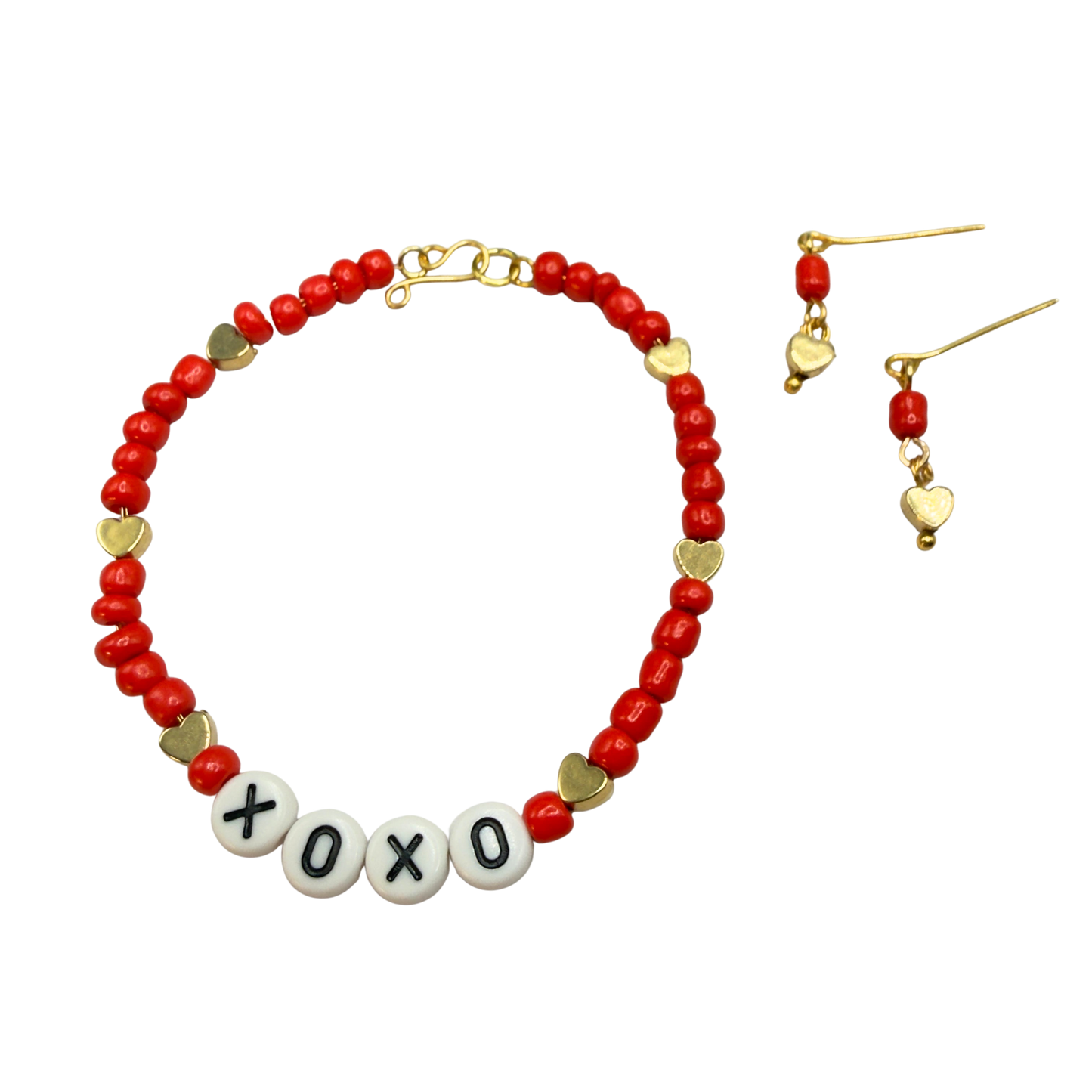 Red White Gold Bead XOXO Heart Doll Necklace & Earrings Set • 18 Inch Fashion Doll Jewelry