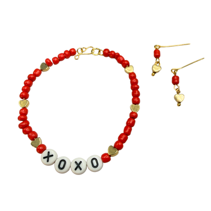 Red White Gold Bead XOXO Heart Doll Necklace & Earrings Set • 18 Inch Fashion Doll Jewelry