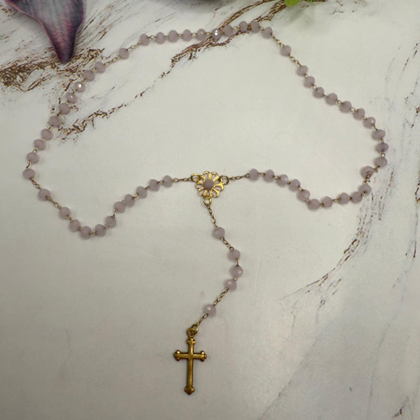 Light Pink Glass Crystal Gold Cross • Doll Size Catholic Rosary for 18-22” Fashion or Vintage Doll