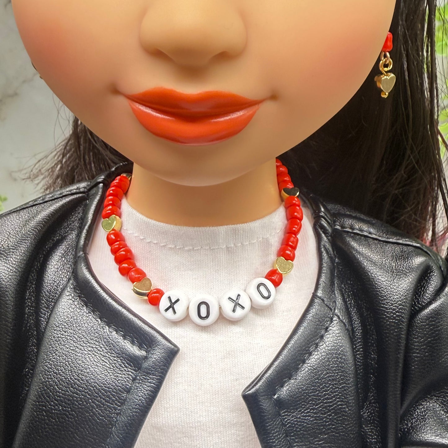 Red White Gold Bead XOXO Heart Doll Necklace & Earrings Set • 18 Inch Fashion Doll Jewelry