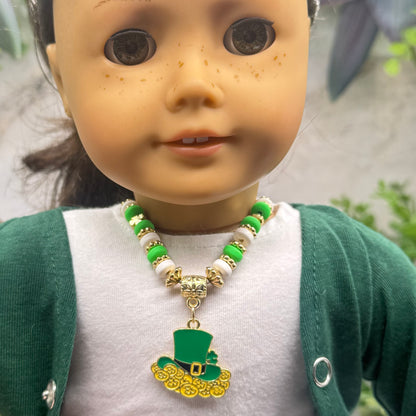 Leprechaun Hat Charm Green White Gold Beaded Doll Necklace • 18 Inch Fashion Doll Jewelry