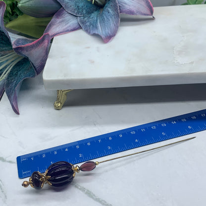 Purple Acrylic Ribbed Spiral Design Gold Filigree • 6” Hatpin - Stick Pin