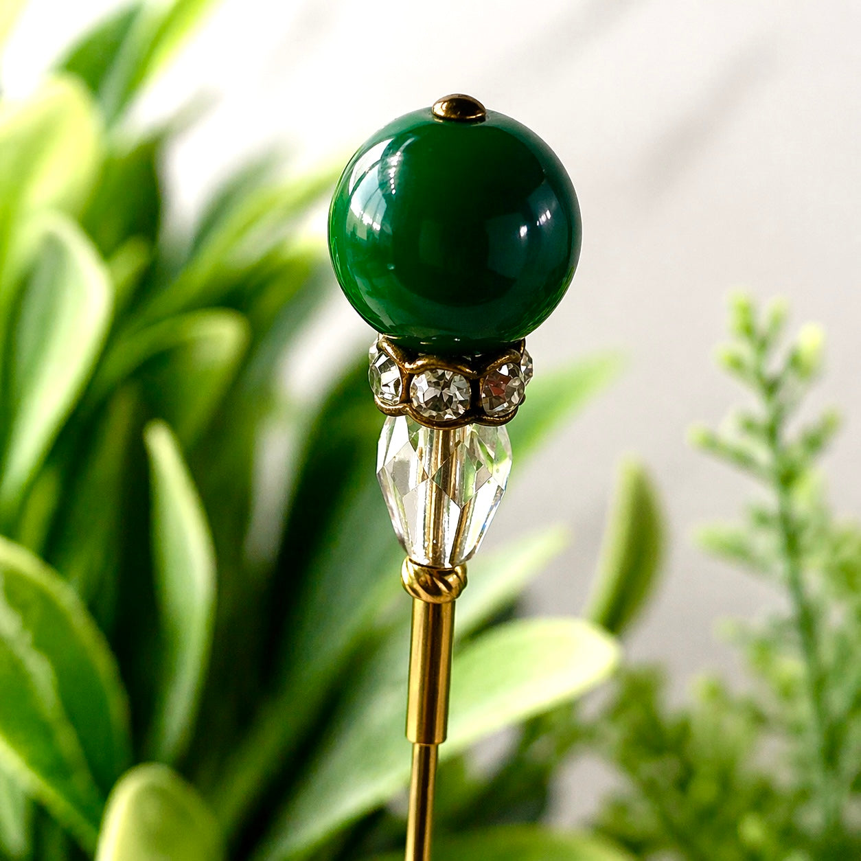 Green Glass - Rhinestone - Clear Crystal - 6” Pin • Hatpin - Stick Pin