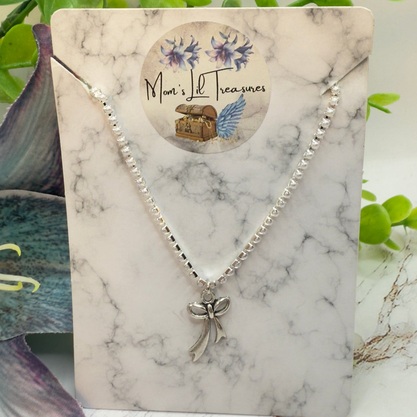 Tiny Pearl Cup Chain Silver Necklace Silver Bow Ribbon Charm Doll Necklace for 18 Inch Fashion Doll Jewelry