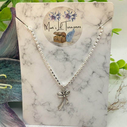 Tiny Pearl Cup Chain Silver Necklace Silver Bow Ribbon Charm Doll Necklace for 18 Inch Fashion Doll Jewelry